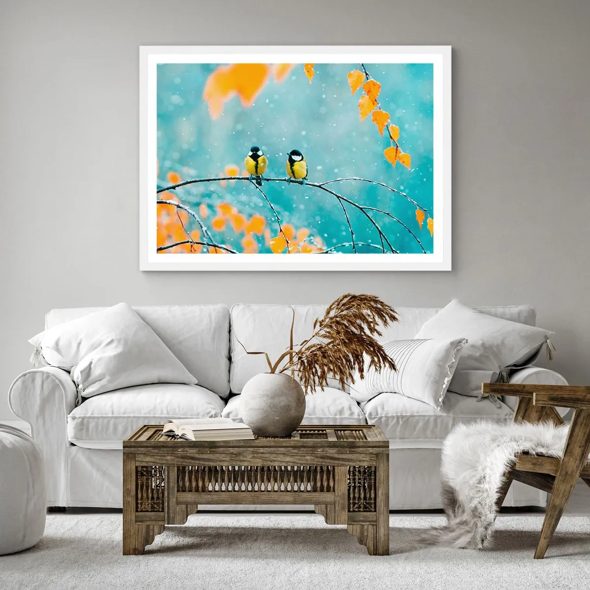 Affisch i vit ram - Fåglarnas skvaller - 60x60 cm