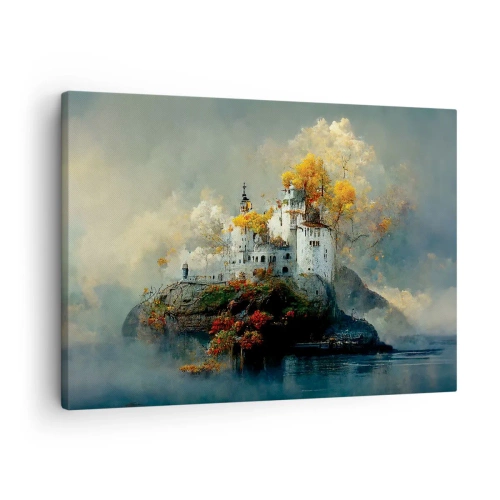 Canvastavla - Bild på duk - Ett slott på en kulle omgivet av höstträd - 70x50cm - Början på en romantisk historia - Modern väggdekoration för vardagsrum och sovrum ARTTOR