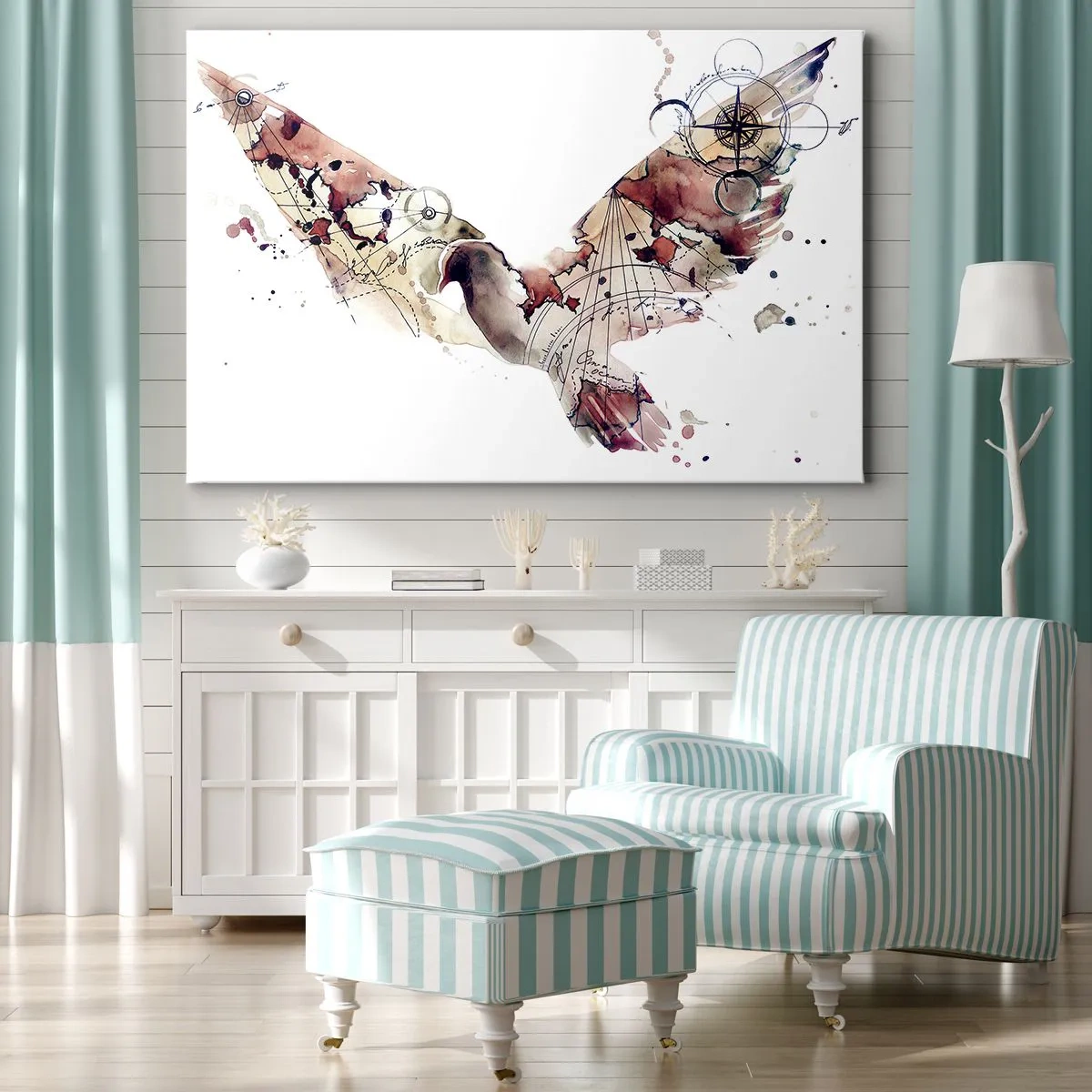 Canvastavla - Bild på duk - Konstnärlig fågelsilhuett med geometriska mönster - 70x50cm - Luftburen vandrare - Modern väggdekoration för vardagsrum och sovrum ARTTOR