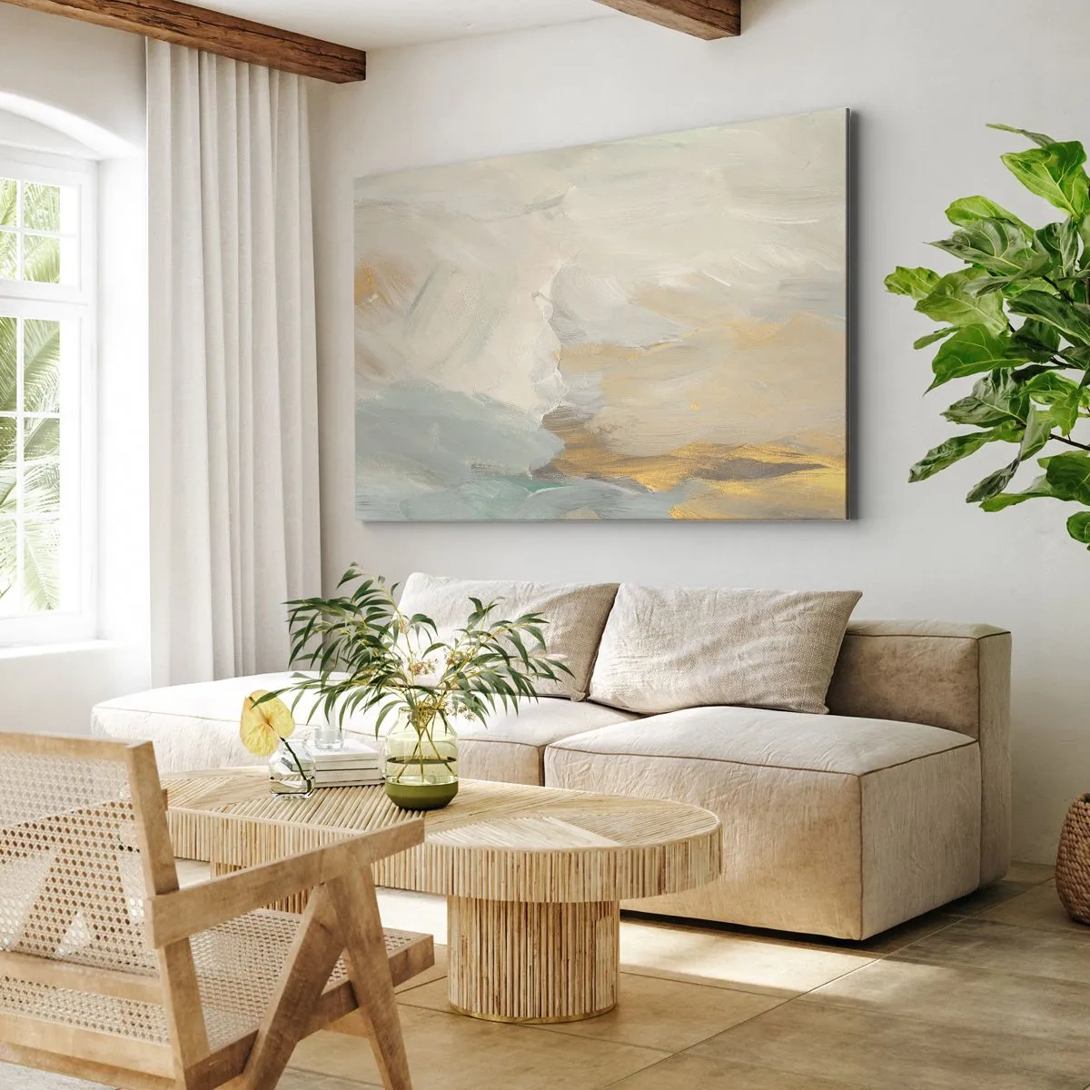 Canvastavla - Bild på duk - Fina abstrakta penseldrag i nyanser av vitt och guld - 70x50cm - Abstraktion - ett land av mildhet - Modern väggdekoration för vardagsrum och sovrum ARTTOR
