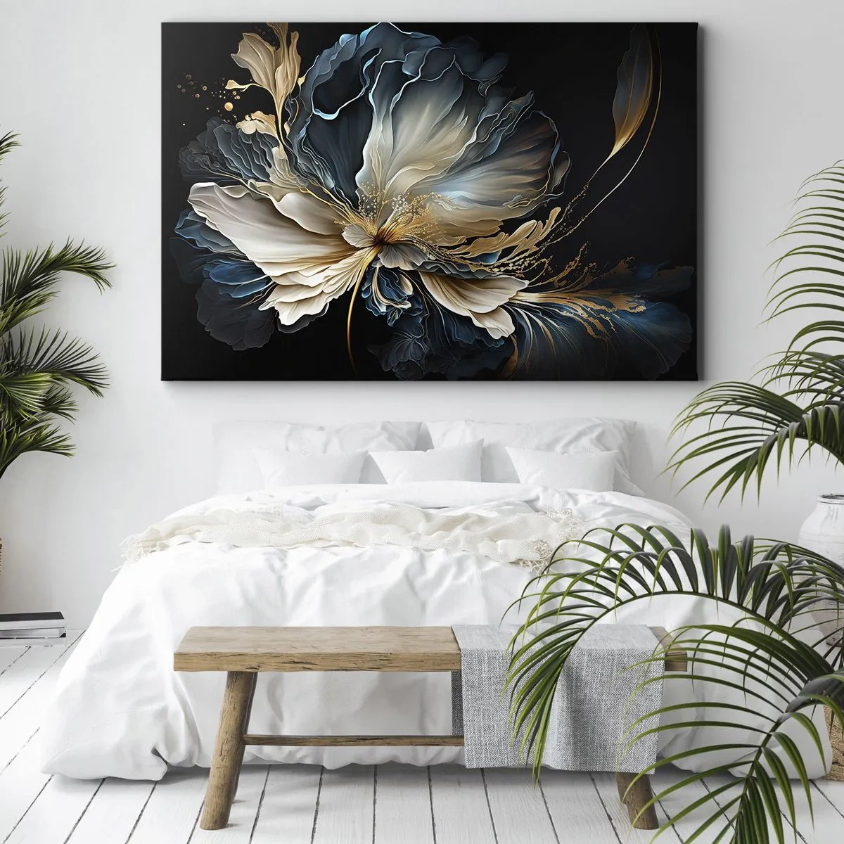 Canvastavla - Bild på duk - En blomma i nyanser av guld och marinblått mot svart bakgrund - 70x50cm - Sagolik ormbunksblomma - Modern väggdekoration för vardagsrum och sovrum ARTTOR