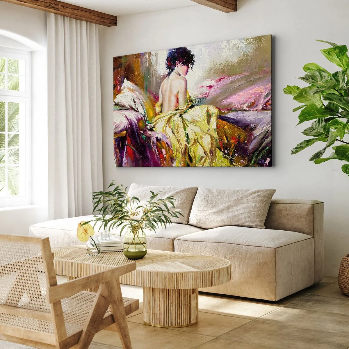 Canvastavla - Bild på duk - En målerisk scen av en kvinna på en säng i en romantisk atmosfär - 70x50cm - Mellan munnen och glaskanten - Modern väggdekoration för vardagsrum och sovrum ARTTOR