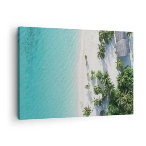Canvastavla - Bild på duk - Fågelperspektiv över en tropisk strand med turkost vatten och palmer - 70x50cm - Semester i paradiset - Modern väggdekoration för vardagsrum och sovrum ARTTOR