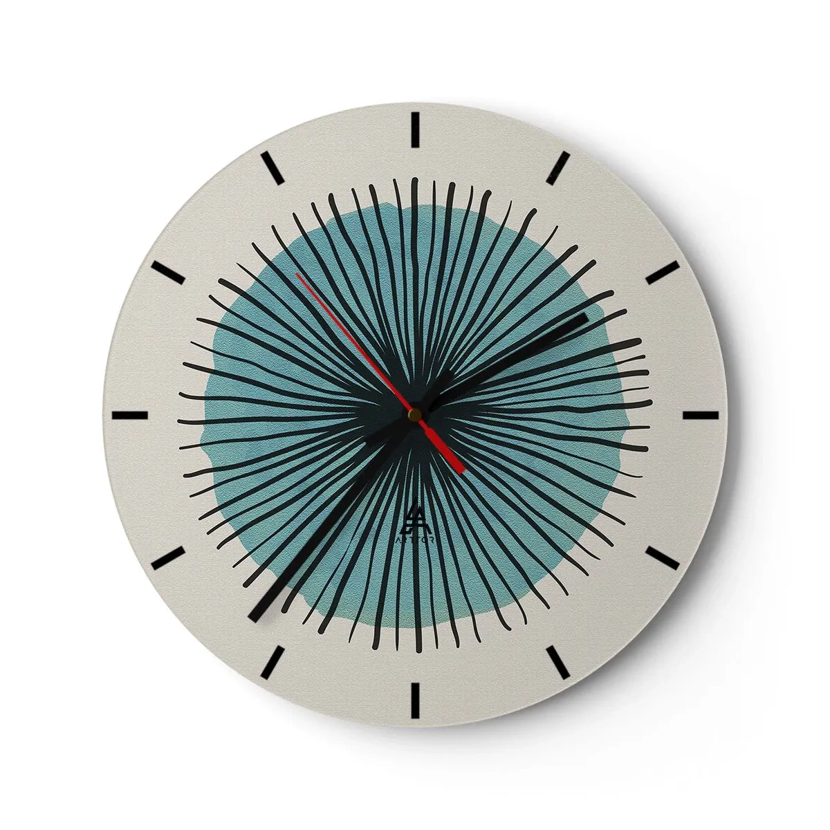 Väggklocka - Klocka på glas - Abstrakt motiv med en blå cirkel och svarta linjer - 30x30cm - Radier mot blått - Modern väggdekoration för vardagsrum, kök och sovrum ARTTOR