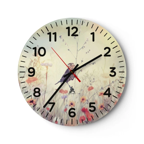 Väggklocka - Klocka på glas - Fågelporträtt med en äng i bakgrunden - 30x30 cm