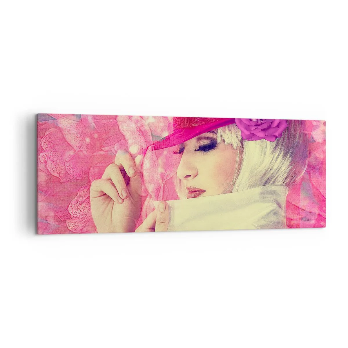 Canvastavla - Bild på duk - Retroporträtt i rosa ångor - 140x50 cm