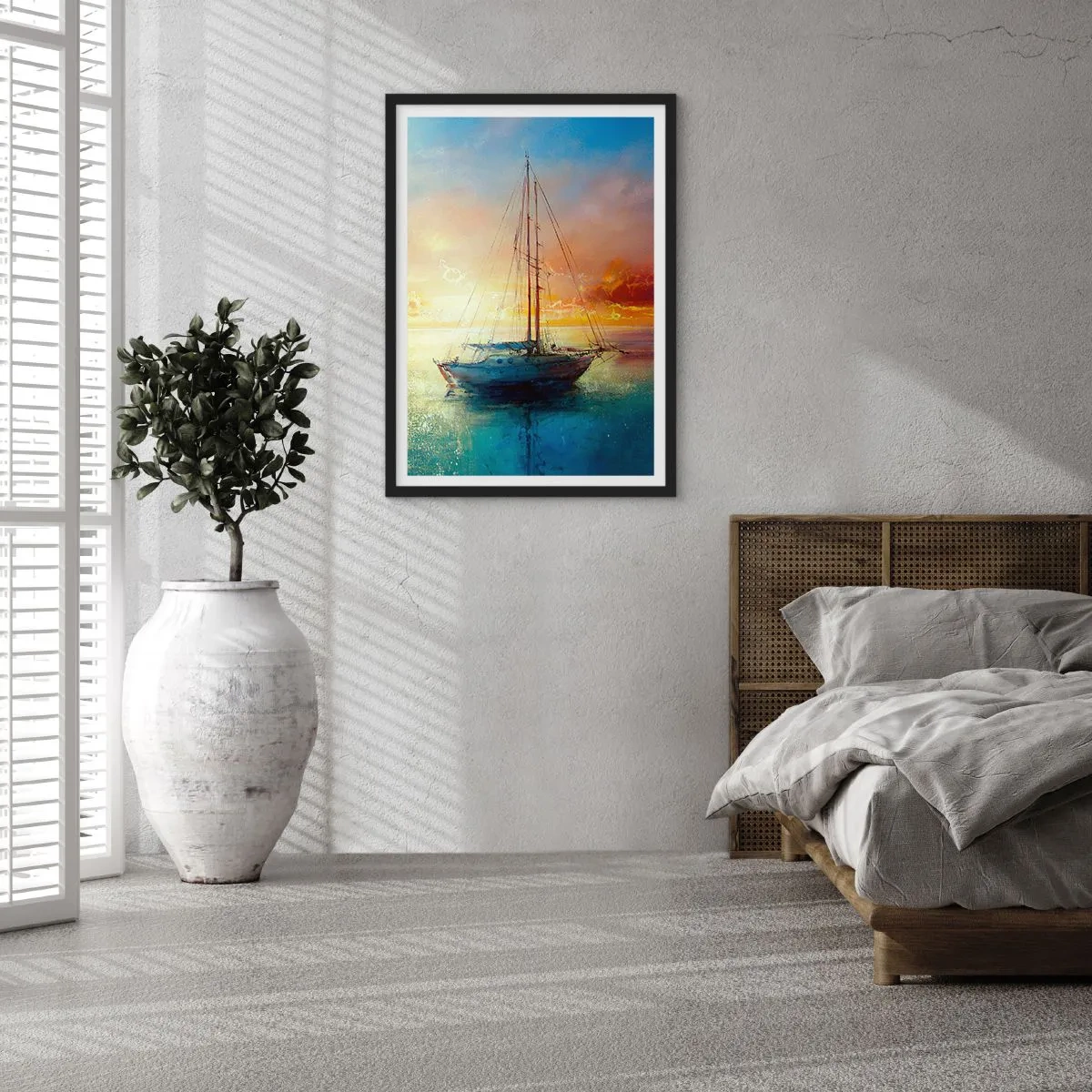 Affisch i svart ram - En yacht på ett lugnt hav vid solnedgången - 50x70cm - I guldviken - Modern väggdekoration för vardagsrum och sovrum ARTTOR
