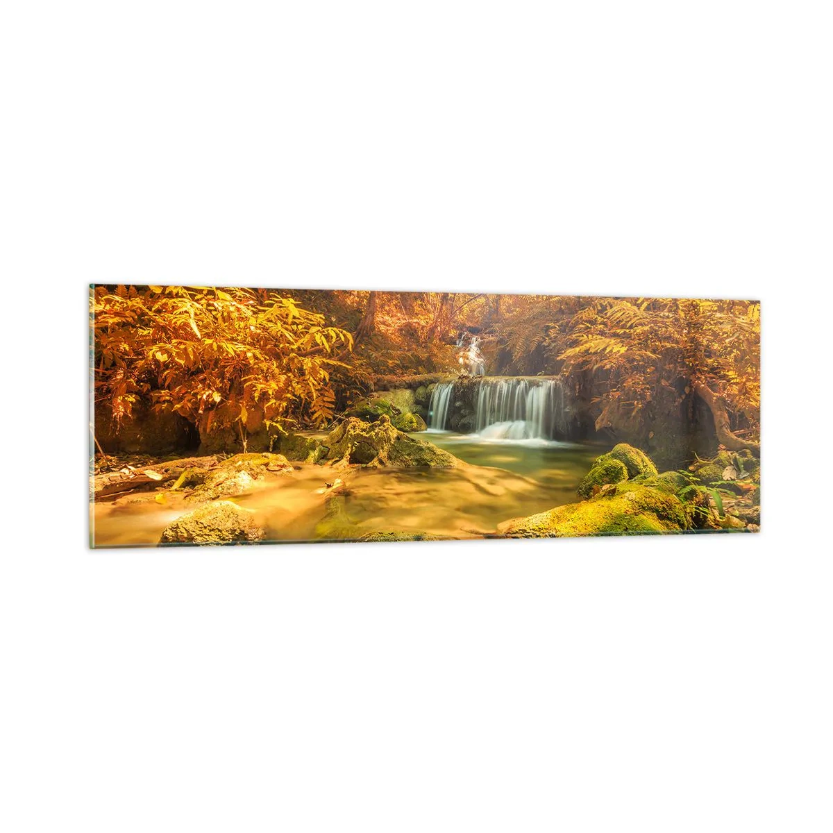 Glastavla - Bild på glas - Skogkaskad i gult - 90x30 cm
