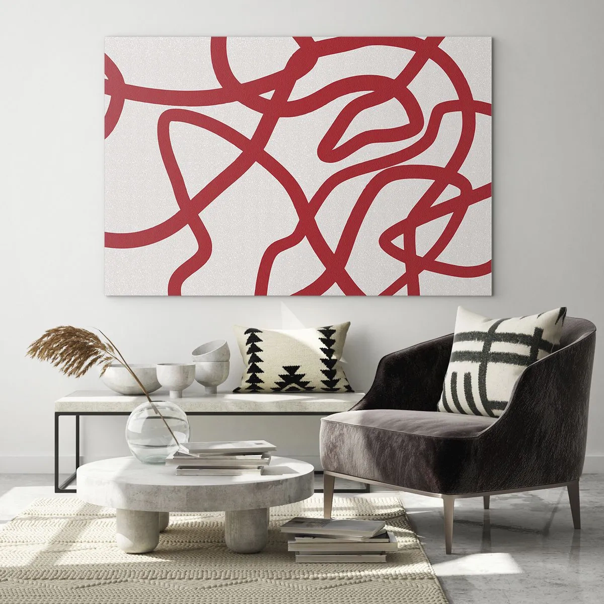 Glastavla - Bild på glas - Röda linjer virvlar dynamiskt mot en vit bakgrund - 70x50cm - Rött på vitt - Modern väggdekoration för vardagsrum och sovrum ARTTOR