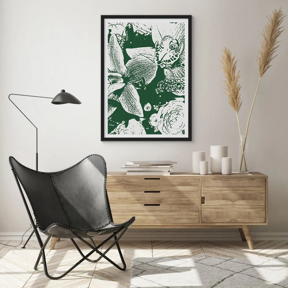 Affisch i svart ram - Botanisk illustration av blommor och blad i kontrasterande färger - 50x70cm - Bukett - en värld av grönska - Modern väggdekoration för vardagsrum och sovrum ARTTOR