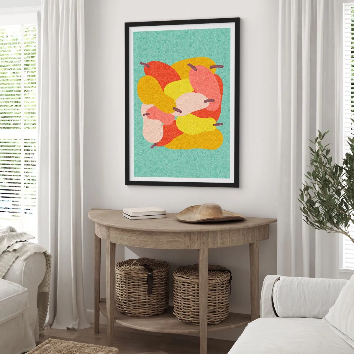 Affisch i svart ram - Färgglad illustration av päron på turkos bakgrund - 50x70cm - Smaka på sommarsolen - Modern väggdekoration för vardagsrum och sovrum ARTTOR