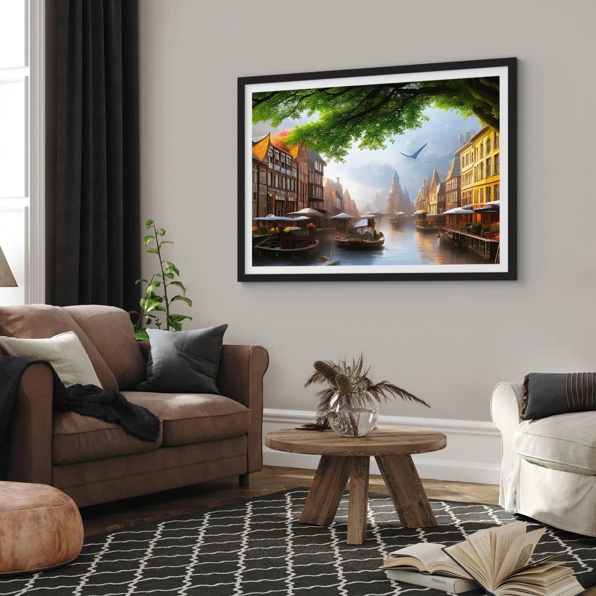 Affisch i svart ram - Holländsk stadsbild - 70x50 cm