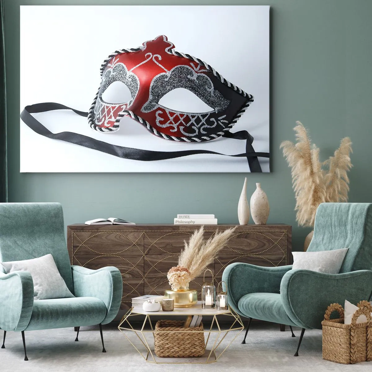 Canvastavla - Bild på duk - Röd karnevalmask på en ljus bakgrund - 70x50cm - Inbjudan till bal - Modern väggdekoration för vardagsrum och sovrum ARTTOR