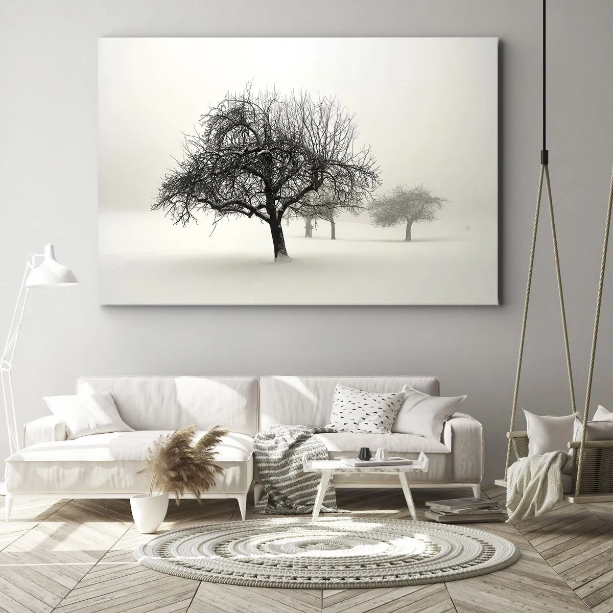 Canvastavla - Bild på duk - Träd i ett snötäckt fält omgivet av dimma - 70x50cm - Vintersömn - Modern väggdekoration för vardagsrum och sovrum ARTTOR