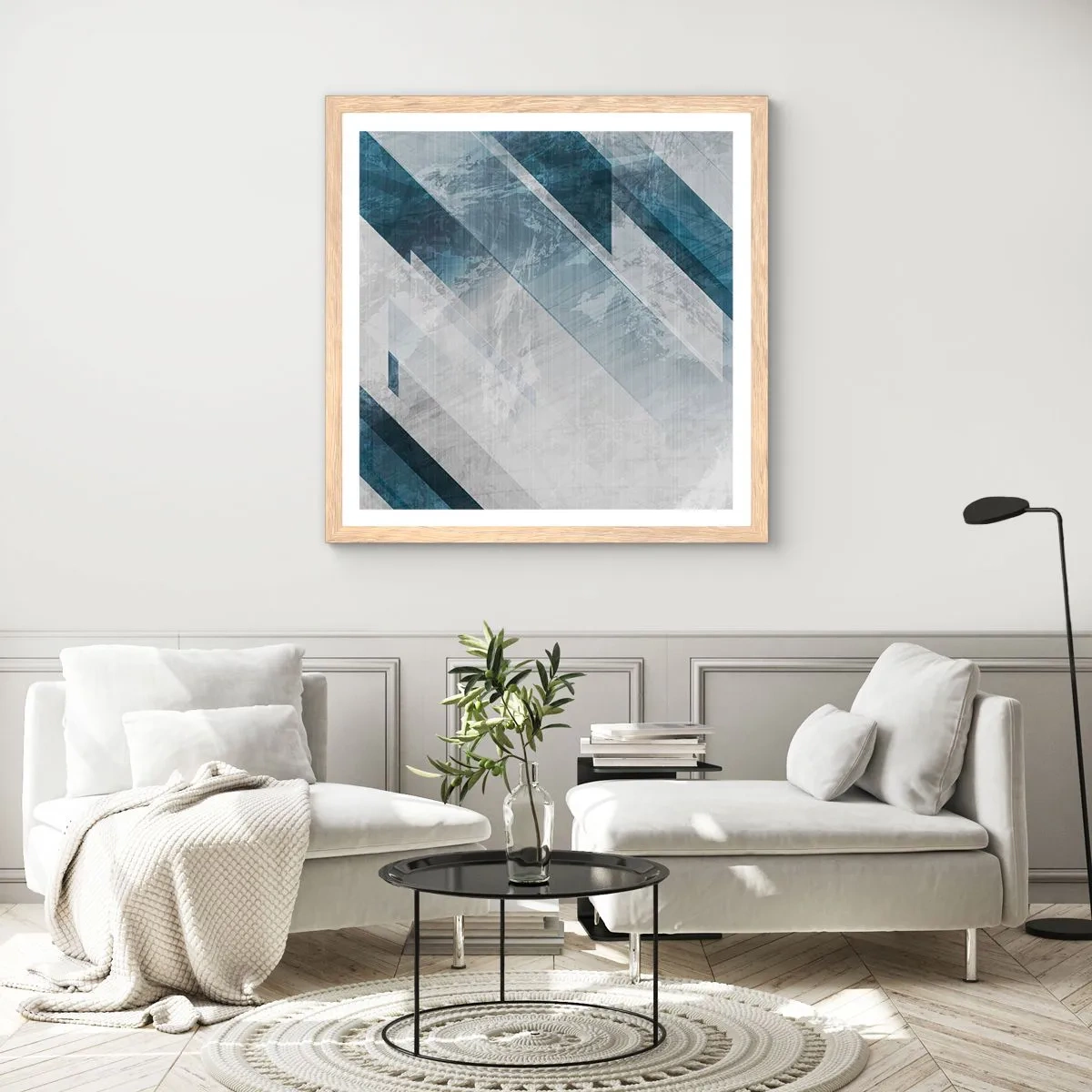Affisch i ram av ljusek - Tredimensionell komposition – gråhetens rörelse - 60x60 cm