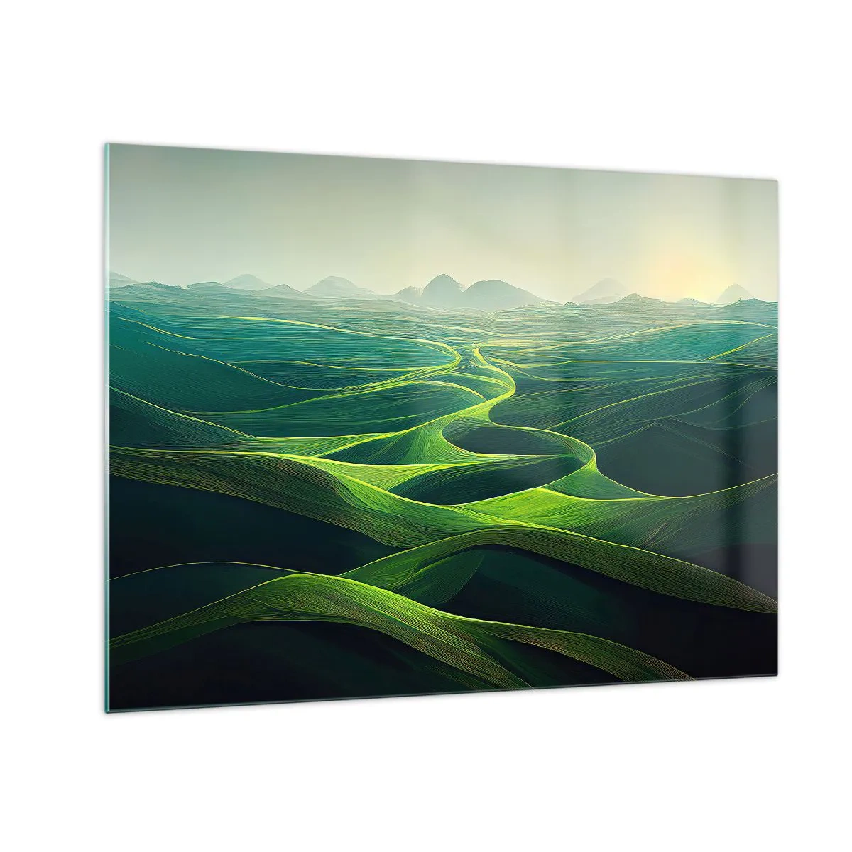 Glastavla - Bild på glas - Gröna kullar och dalar upplysta av solens strålar - 70x50cm - I gröna dalar - Modern väggdekoration för vardagsrum och sovrum ARTTOR