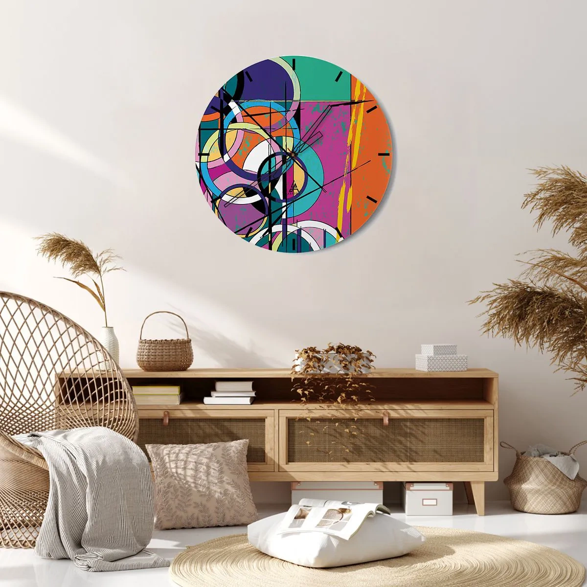 Väggklocka - Klocka på glas - En urtavla med ett abstrakt, geometriskt motiv i livfulla färger. - 30x30cm - Hjul efter hjul - Modern väggdekoration för vardagsrum, kök och sovrum ARTTOR