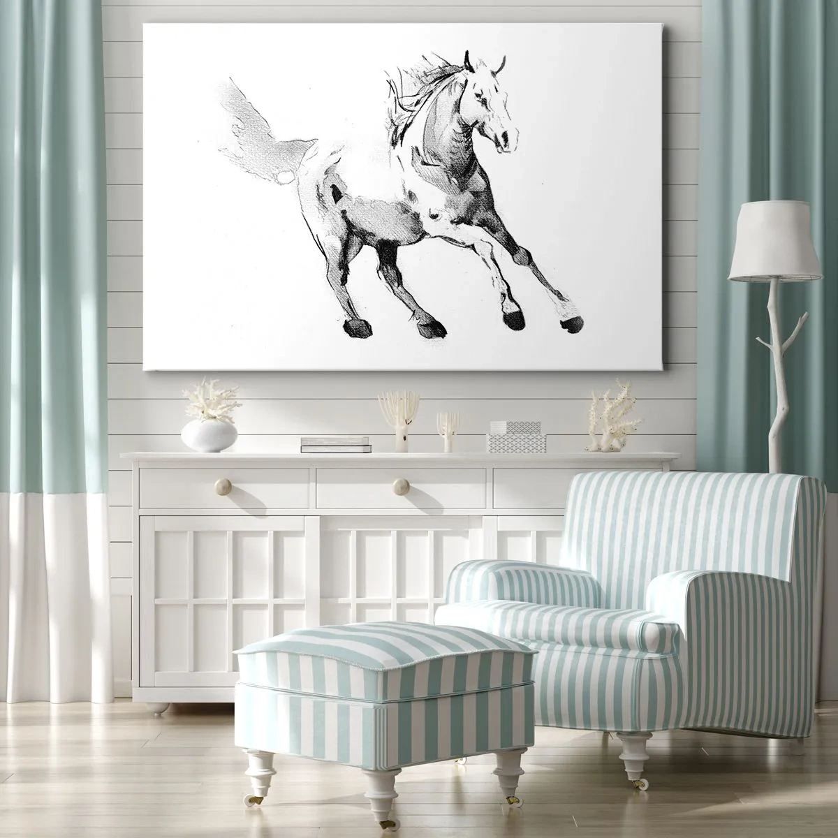 Canvastavla - Bild på duk - Skiss av en galopperande häst i svarta och vita nyanser - 70x50cm - Obändig själ - Modern väggdekoration för vardagsrum och sovrum ARTTOR