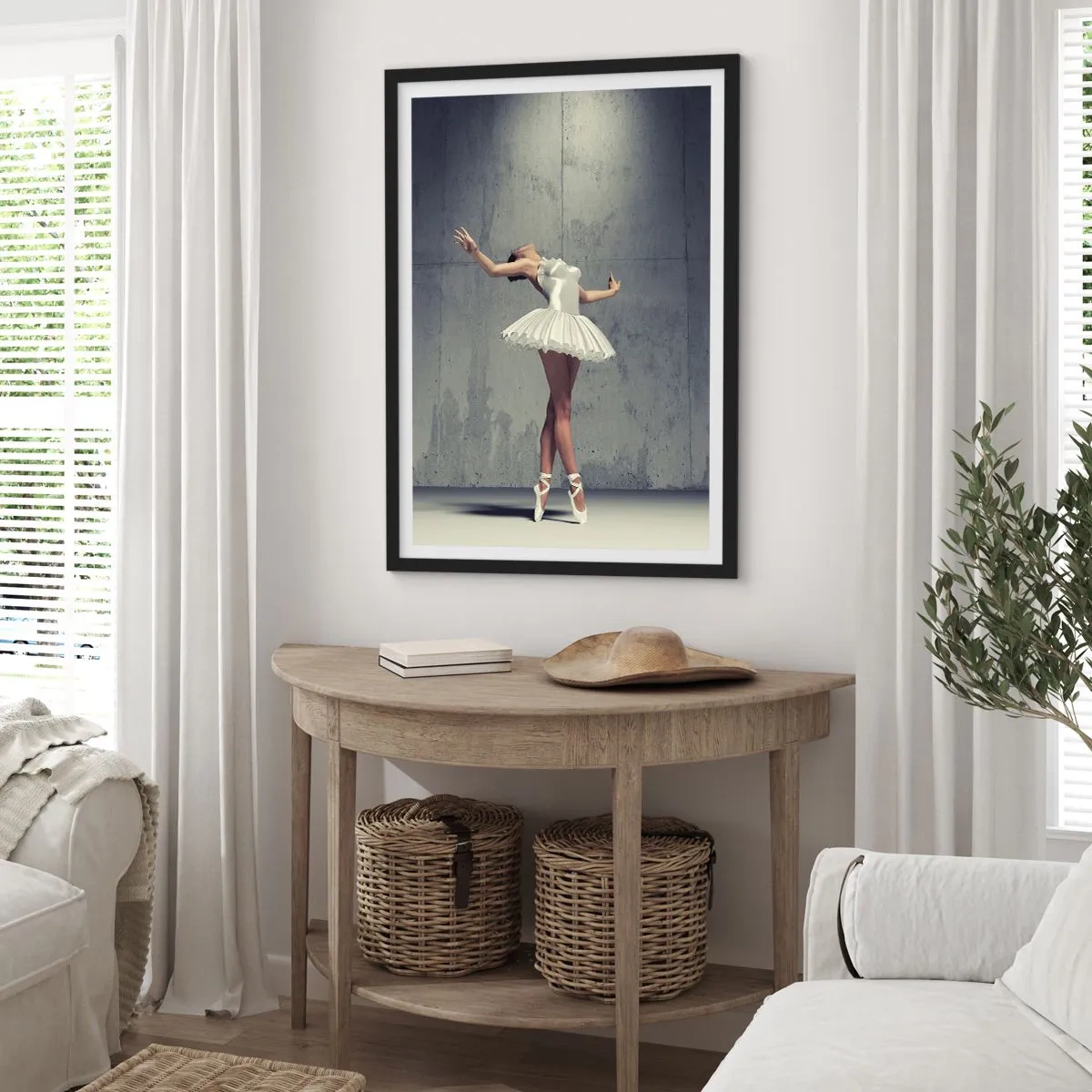 Affisch i svart ram - En ballerina i vit klänning mot bakgrund av en rå betongvägg. - 50x70cm - Lätt som en fågel - Modern väggdekoration för vardagsrum och sovrum ARTTOR
