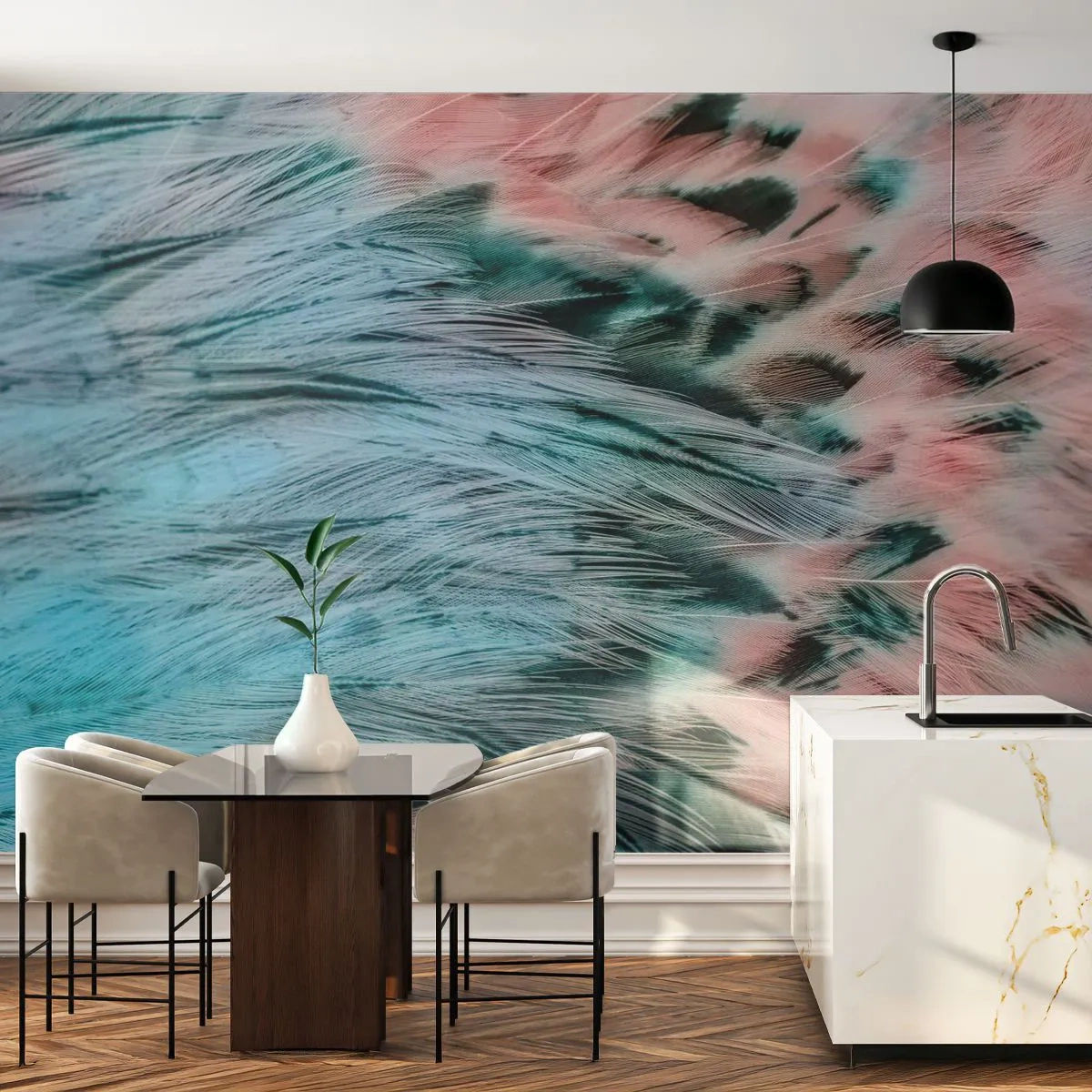 Fototapet Standard Eco - Safir-rosa dun - Abstraktion, Bit, Fågelfjädrar - 350x256 cm