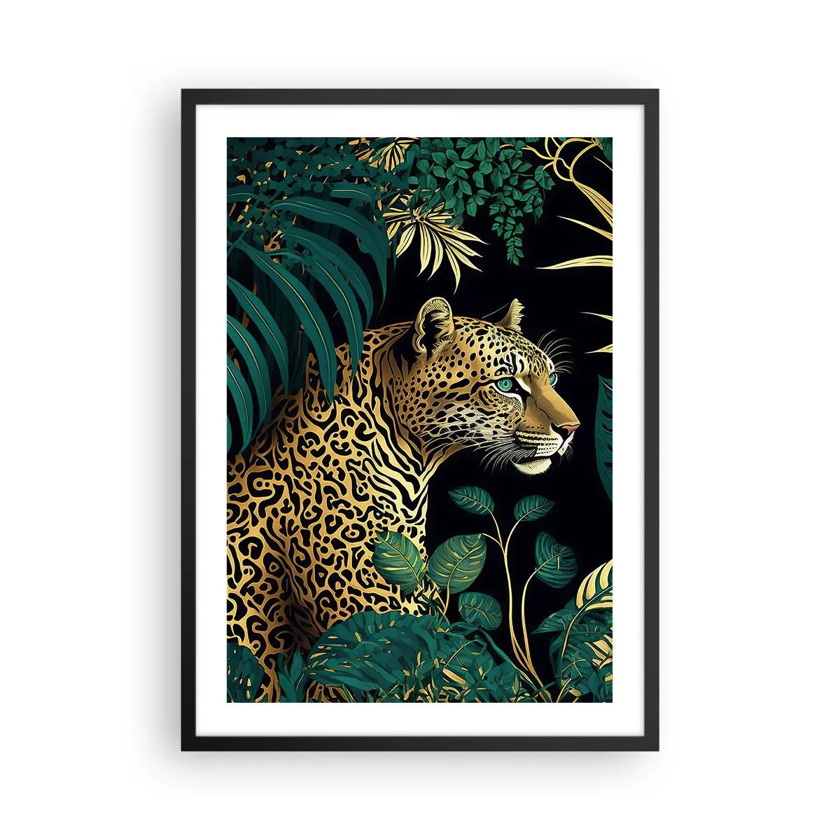 Affisch i svart ram - Gyllene leopard i den tropiska djungeln - 50x70cm - Värden i djungeln - Modern väggdekoration för vardagsrum och sovrum ARTTOR