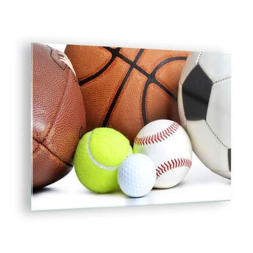Glastavla - Bild på glas - En uppsättning sportbollar på en vit bakgrund - 70x50cm - Fotbollen förenar oss! - Modern väggdekoration för vardagsrum och sovrum ARTTOR