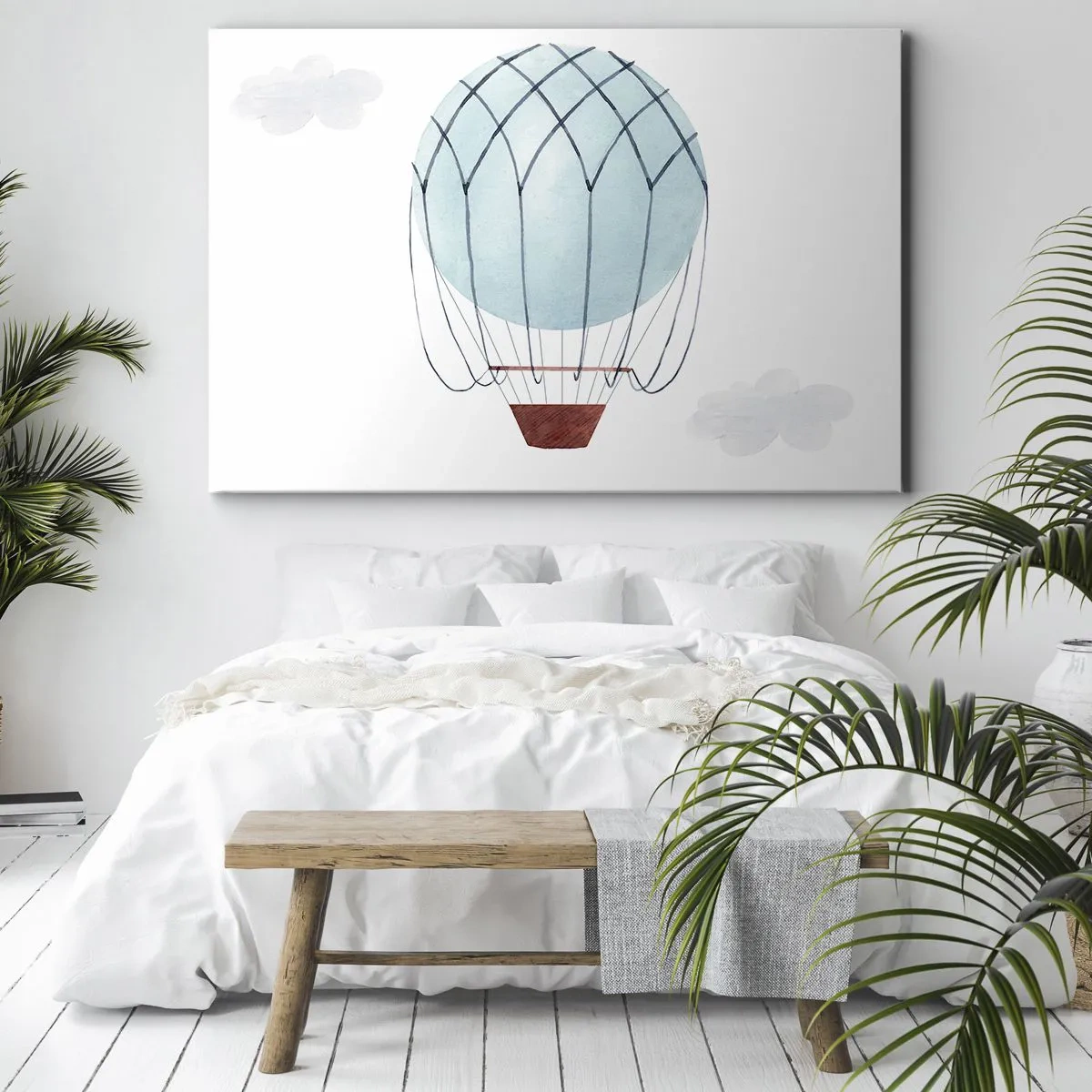 Canvastavla - Bild på duk - En handmålad ballong mot en bakgrund av fina moln. - 70x50cm - Hel i molnen - Modern väggdekoration för vardagsrum och sovrum ARTTOR