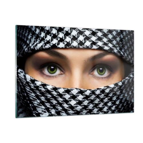 Glastavla - Bild på glas - Beslöjad grönögd skönhet - 120x80 cm