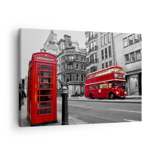 Canvastavla - Bild på duk - En röd telefonkiosk och en dubbeldäckarbuss i London med staden i bakgrunden - 70x50cm - Rödast i Europa - Modern väggdekoration för vardagsrum och sovrum ARTTOR