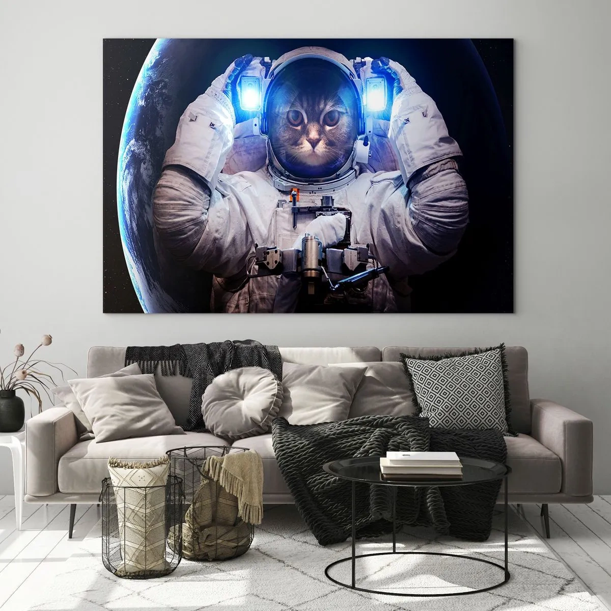Glastavla - Bild på glas - En katthuvudkosmonaut i rymden - 70x50cm - Houston, ni har problem - Modern väggdekoration för vardagsrum och sovrum ARTTOR