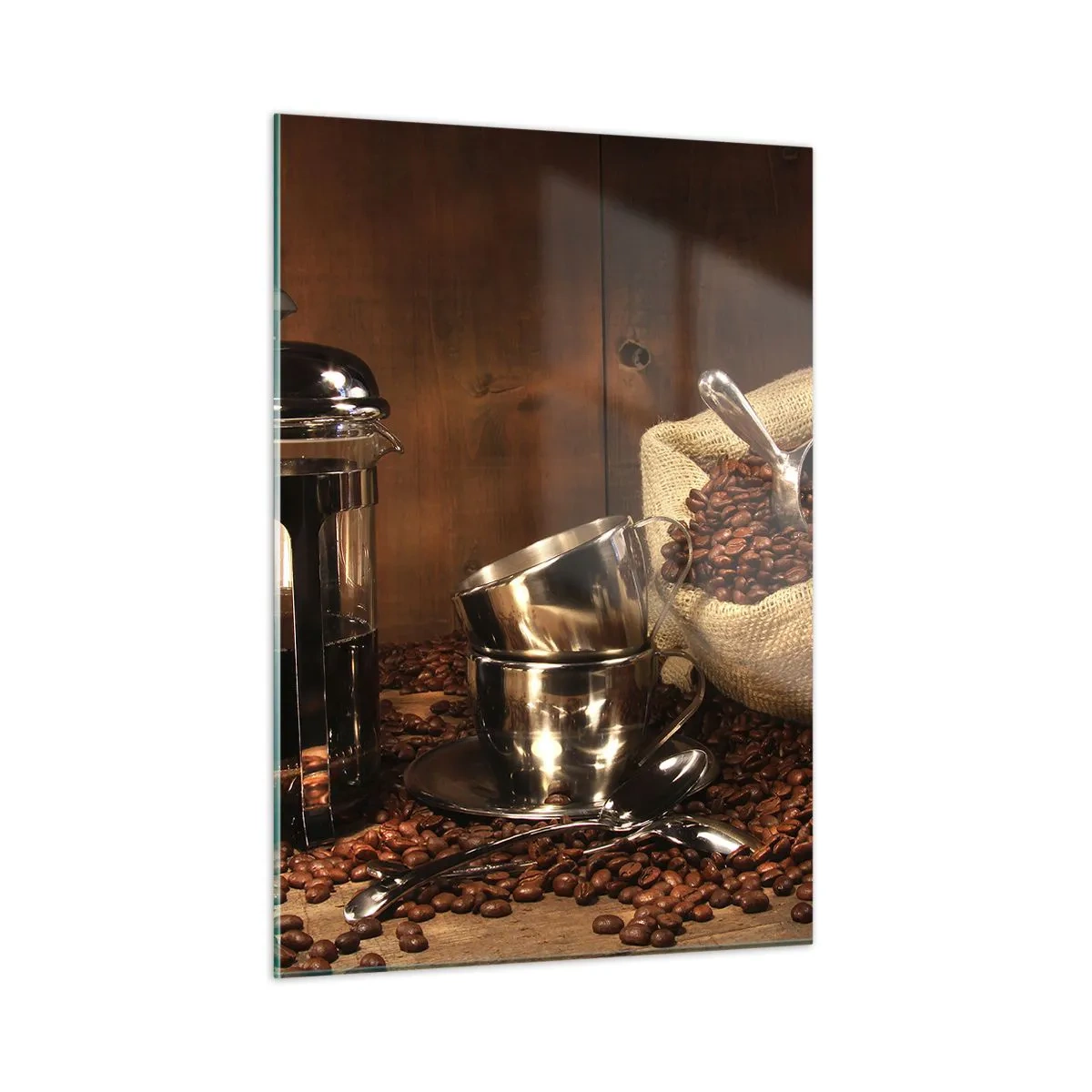 Glastavla - Bild på glas - Kaffets charm - arom och smak - 50x70 cm