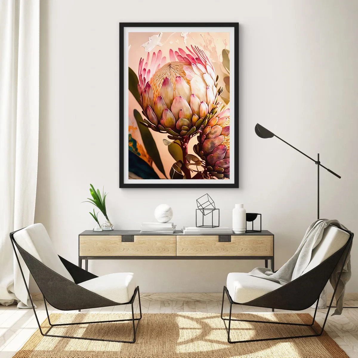 Affisch i svart ram - Närbild av en proteablomma i varma färger - 50x70cm - Ömsint omfamnad - Modern väggdekoration för vardagsrum och sovrum ARTTOR