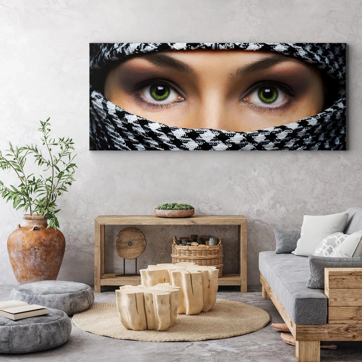 Canvastavla - Bild på duk - Beslöjad grönögd skönhet - 100x40 cm