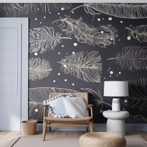 Fototapet Standard Eco - Ett elegant mönster av gyllene fjädrar på en mörk bakgrund - 100x70cm - Fjäderspets - Modern väggdekoration för vardagsrum och sovrum ARTTOR