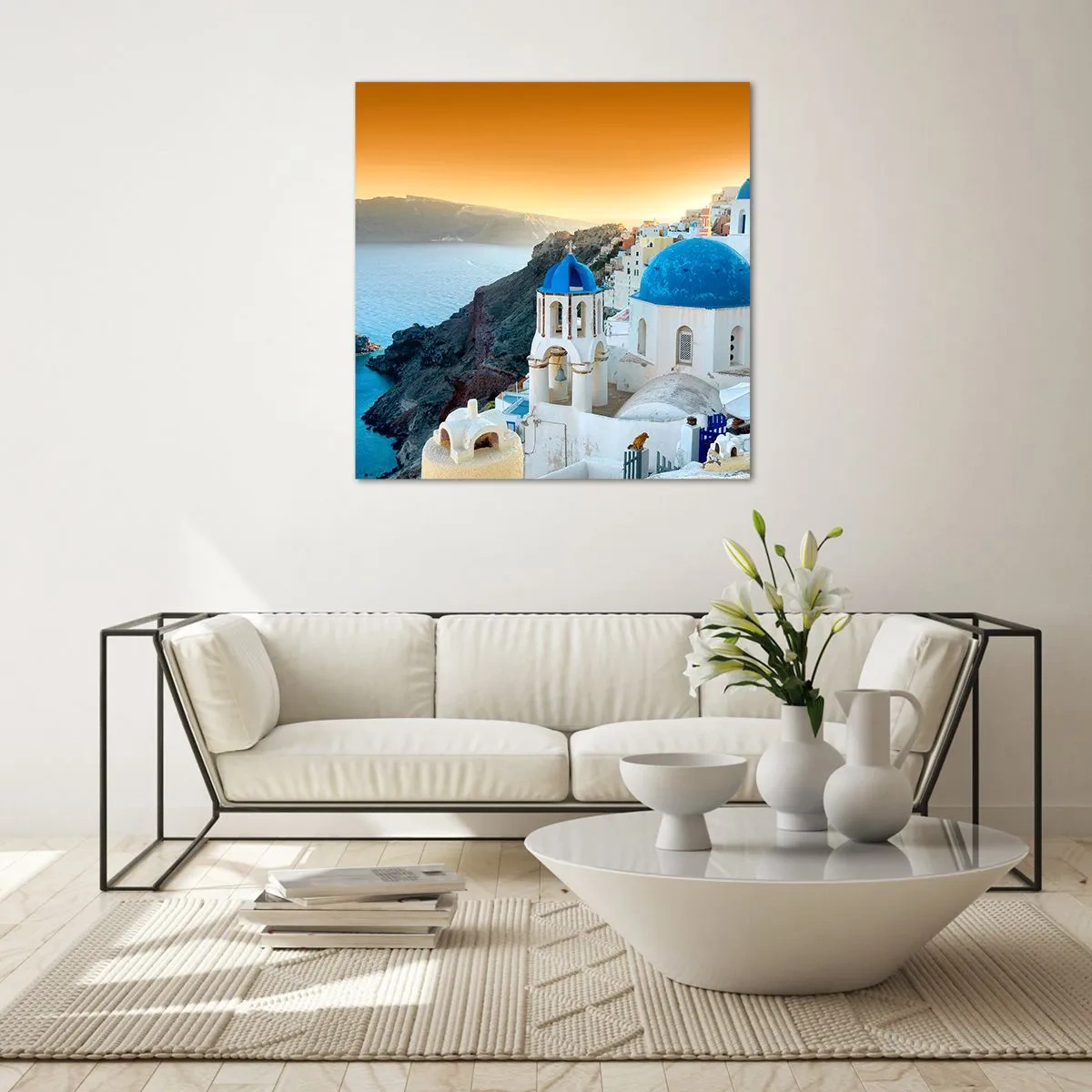 Glastavla - Bild på glas - Santorini - inbäddat i berg - 30x30 cm