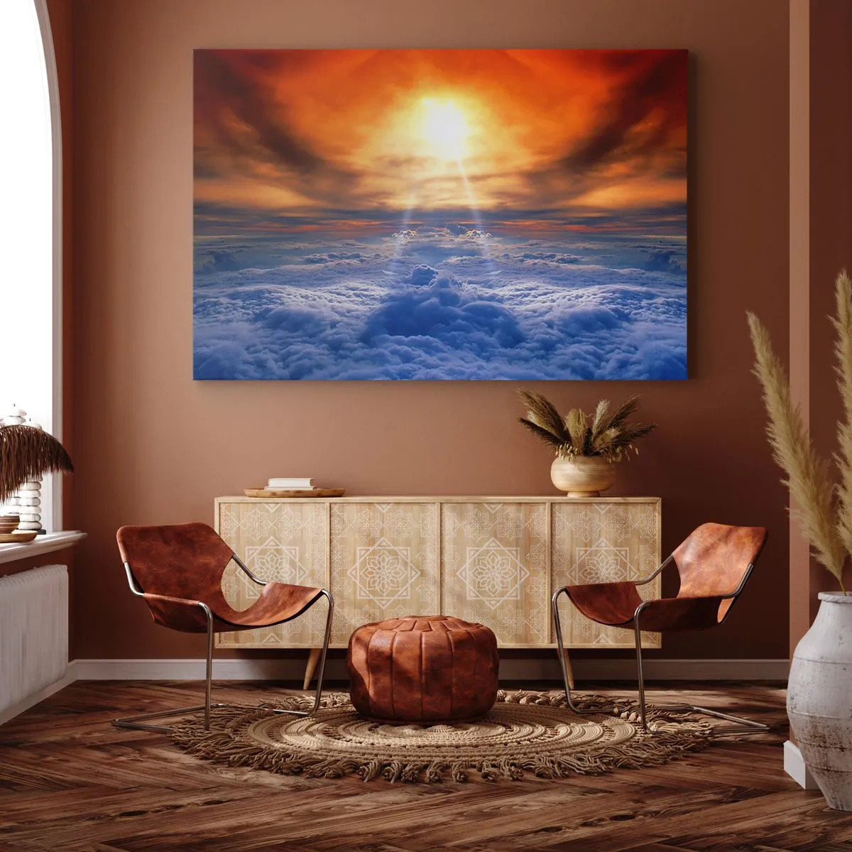 Canvastavla - Bild på duk - Solnedgång över molnen, himlen full av gyllene färger och ljus. - 70x50cm - Mystiskt landskap - Modern väggdekoration för vardagsrum och sovrum ARTTOR
