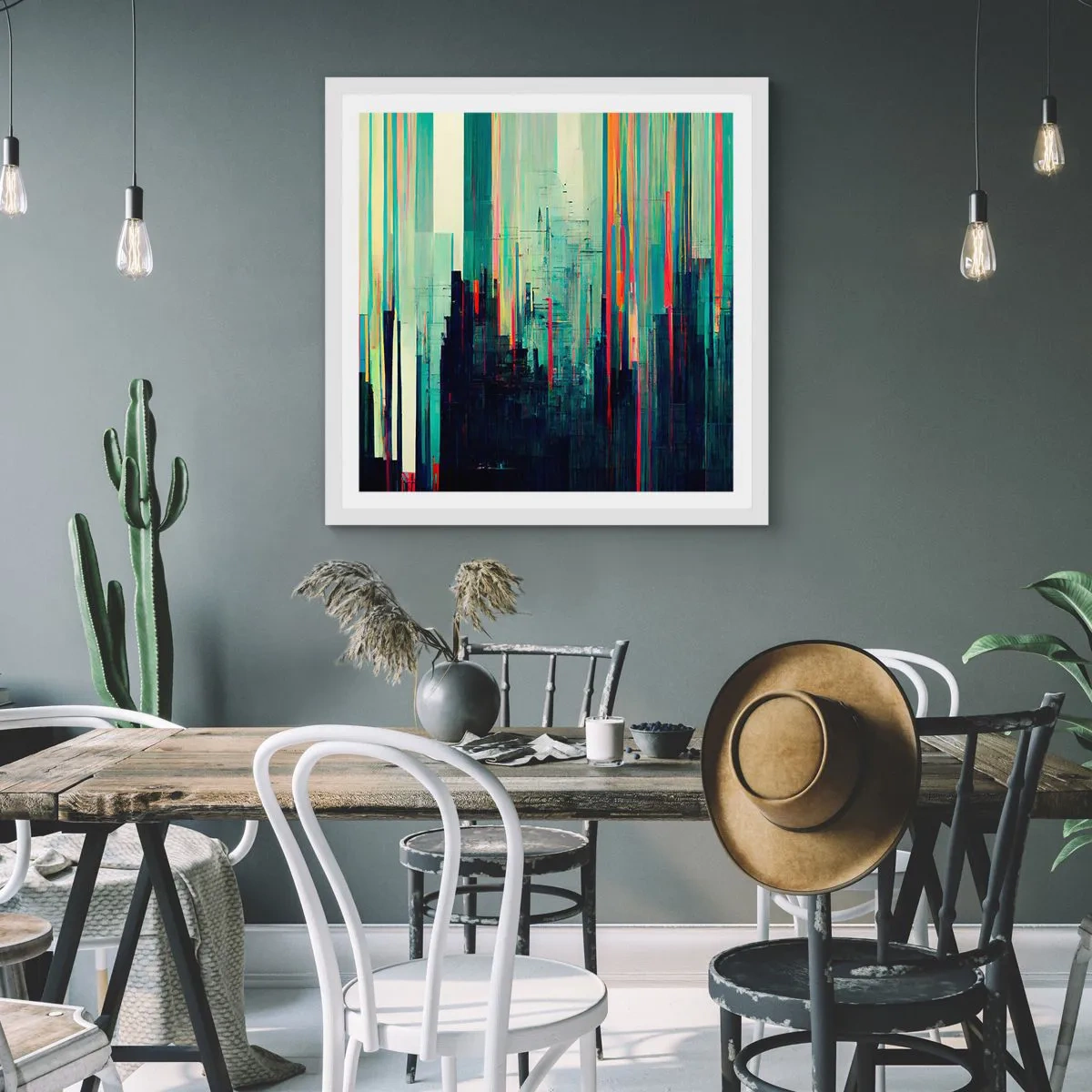 Affisch i vit ram - Futuristisk stad - 60x60 cm