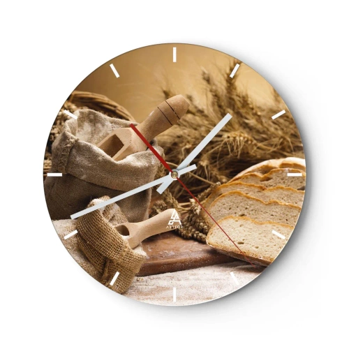 Väggklocka - Klocka på glas - En påse mjöl, bröd och kornax i rustik stil - 30x30cm - Skivat bröd - Modern väggdekoration för vardagsrum, kök och sovrum ARTTOR