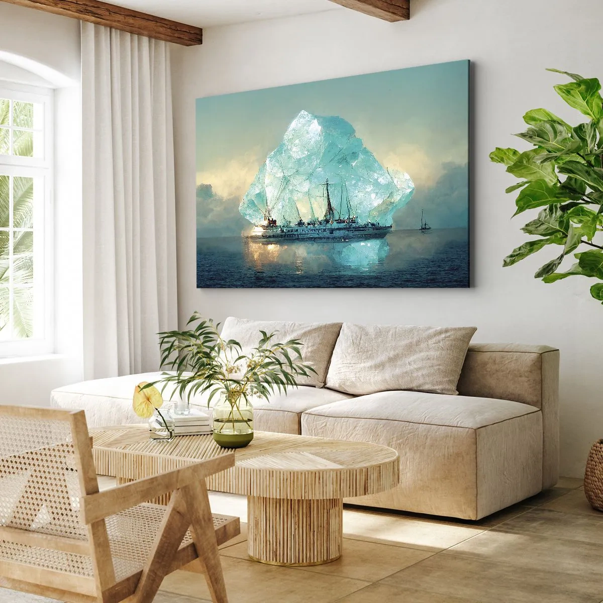 Canvastavla - Bild på duk - Ett skepp med ett majestätiskt isberg i bakgrunden - 70x50cm - Arktisk briljant - Modern väggdekoration för vardagsrum och sovrum ARTTOR