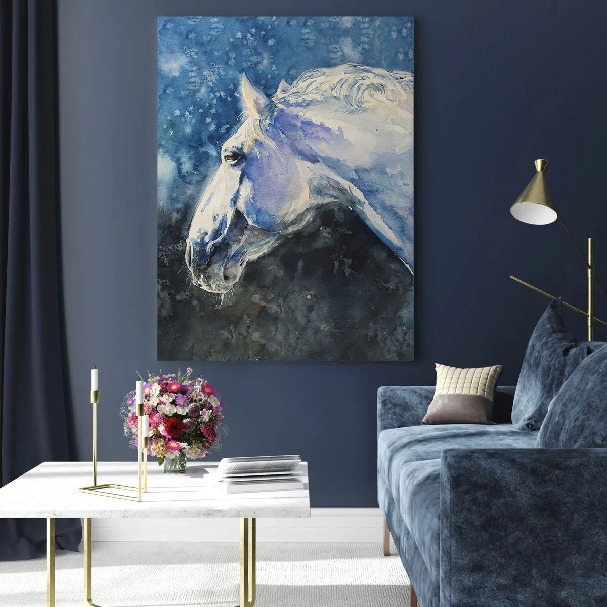 Glastavla - Bild på glas - Porträtt i blått sken - 50x70 cm