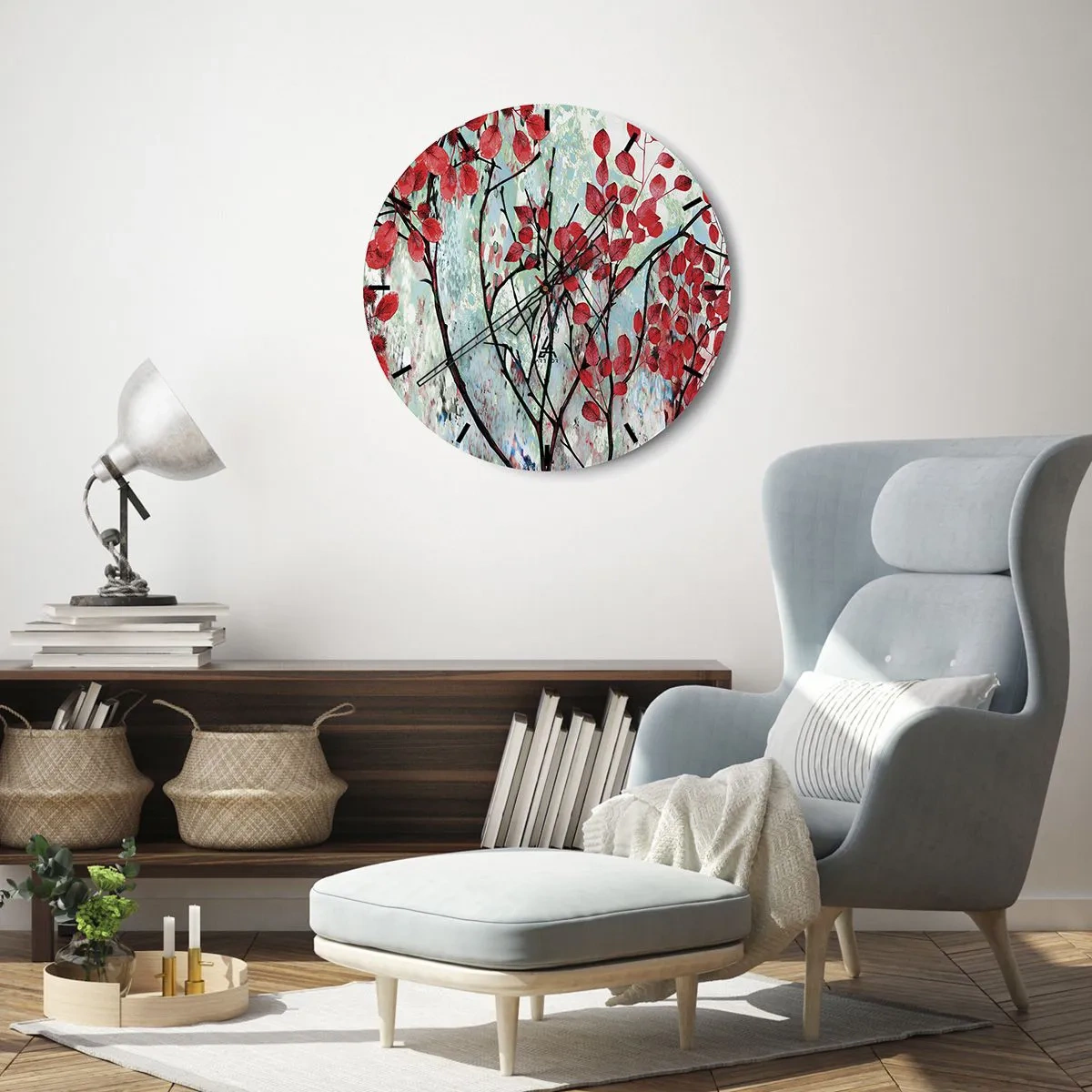 Väggklocka - Klocka på glas - Grenar med röda blad på en målad bakgrund - 30x30cm - Träd i scharlakansröd - Modern väggdekoration för vardagsrum, kök och sovrum ARTTOR