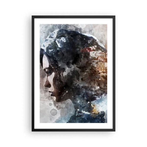 Affisch i svart ram - Silhuett av en kvinna med ett akvarelllandskap i bakgrunden - 50x70cm - Berättelse om en tjej med en stad i bakgrunden - Modern väggdekoration för vardagsrum och sovrum ARTTOR