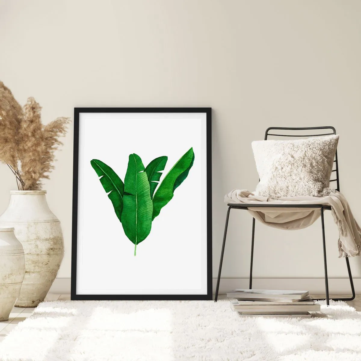 Affisch i svart ram - Akvarell illustration av symmetriskt arrangerade bananblad på en vit bakgrund. - 50x70cm - Grön symmetri - Modern väggdekoration för vardagsrum och sovrum ARTTOR