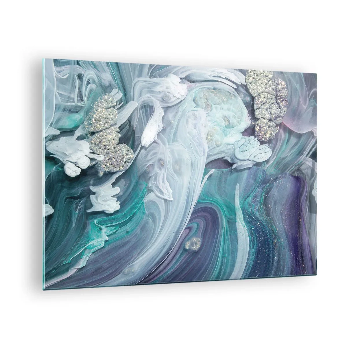 Glastavla - Bild på glas - En abstrakt komposition i nyanser av blått, lila och vitt. - 70x50cm - Blåhetens strömmar - Modern väggdekoration för vardagsrum och sovrum ARTTOR