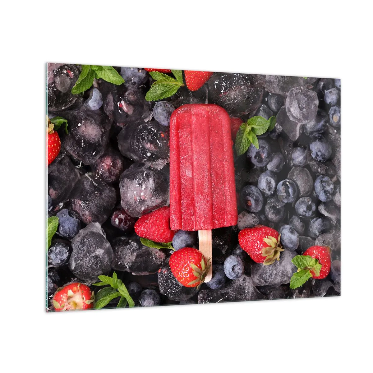 Glastavla - Bild på glas - En ispinne bland fryst frukt och myntablad - 70x50cm - En smak av varm sommar - Modern väggdekoration för vardagsrum och sovrum ARTTOR