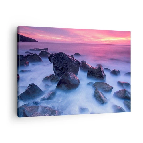 Canvastavla - Bild på duk - Klippig kust vid solnedgången - 70x50cm - Dimma och sken - Modern väggdekoration för vardagsrum och sovrum ARTTOR