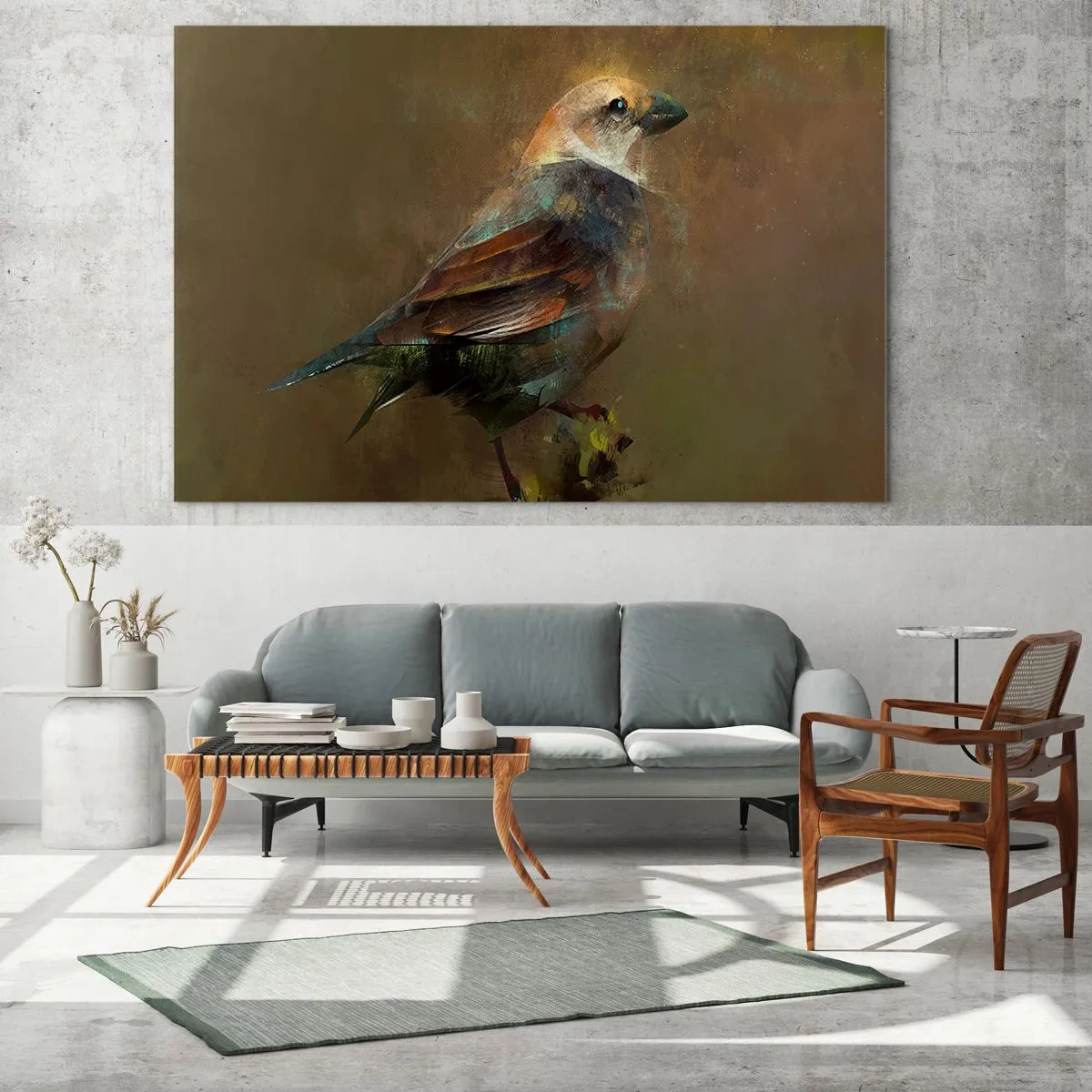 Glastavla - Bild på glas - En sparv i en konstnärlig, målerisk stil mot en neutral bakgrund - 70x50cm - Gråsparv, en liten fågel - Modern väggdekoration för vardagsrum och sovrum ARTTOR