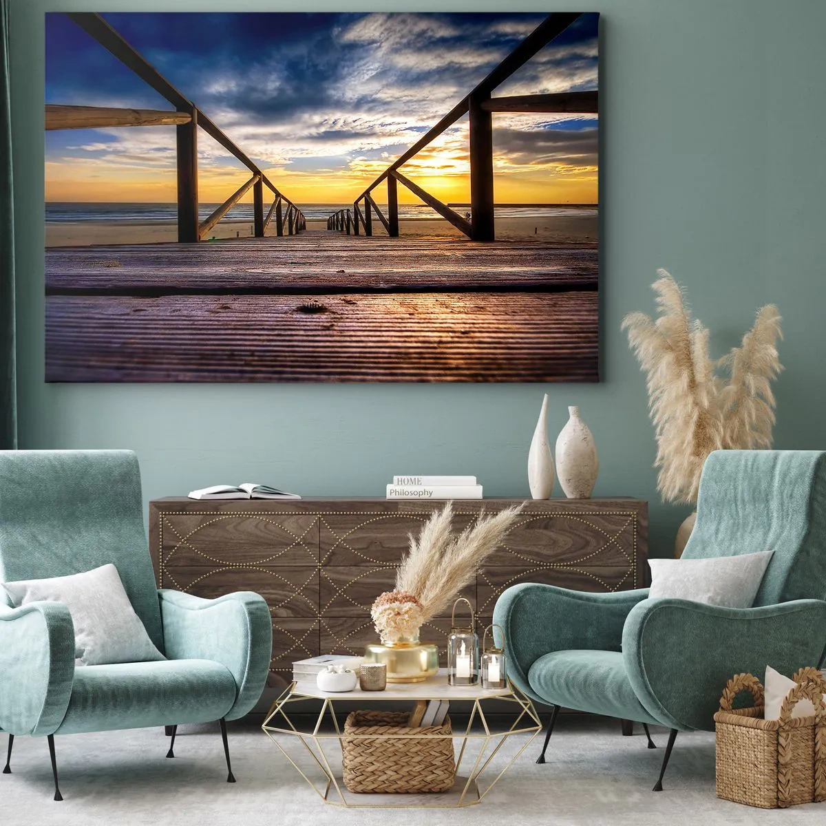 Canvastavla - Bild på duk - Träbrygga som leder till stranden vid solnedgången - 70x50cm - Till vilda stranden i skymningen - Modern väggdekoration för vardagsrum och sovrum ARTTOR