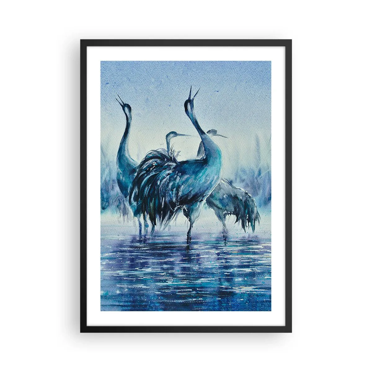 Affisch i svart ram - En stämningsfull bild av tranor i ett blått vattenlandskap - 50x70cm - Morgonmöte - Modern väggdekoration för vardagsrum och sovrum ARTTOR