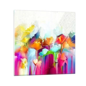 Glastavla - Bild på glas - Regnbågen blommar - 50x50 cm